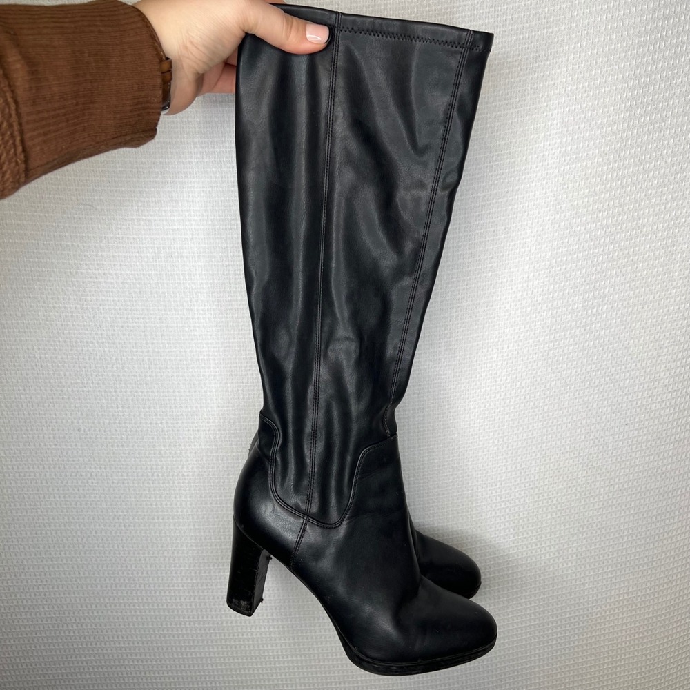 Franco Sarto Black Faux Leather Knee High Boots Chunky‎ Heel Size 7